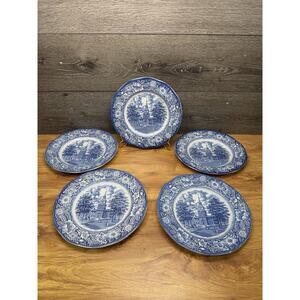 Liberty Blue Staffordshire Independence Hall 10" Colonial Dinner Plate~ Set Of 5